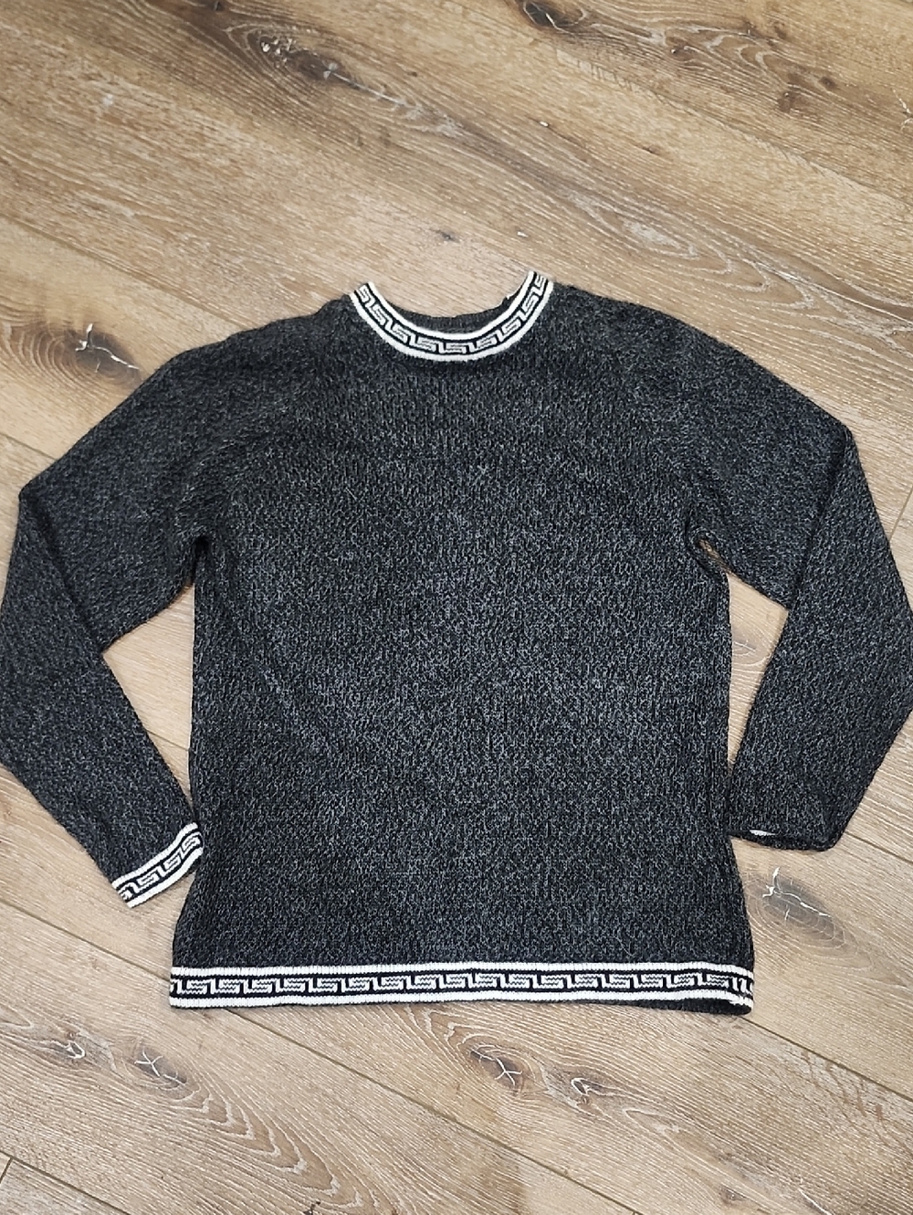 Gamboa 100% Alpaca Wool Charcoal Grey Crewneck Sweater Quiet Lux Geometric Trim
